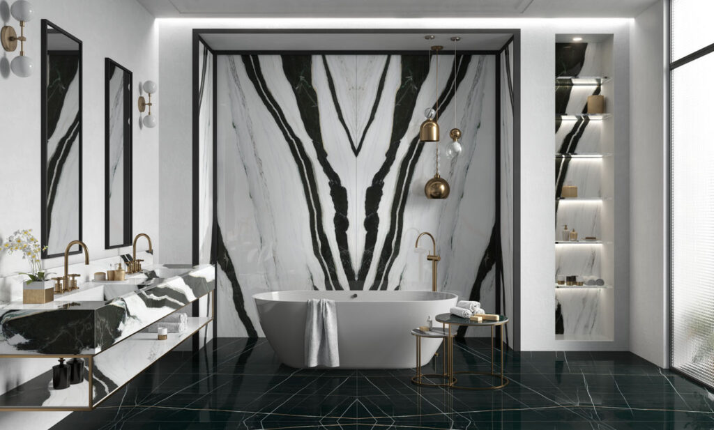 White with black veining porcelain slabs installed on shower walls are a statement focal point in a master bath. 